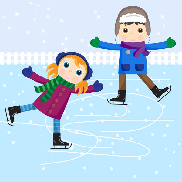 Buz pateni küçük kız ve erkek — Stok Vektör