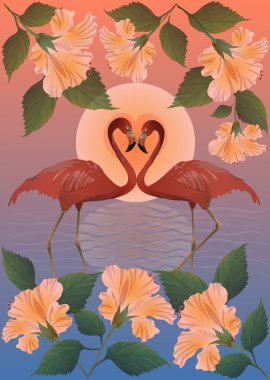 Romantic red flamingos and the moon clipart