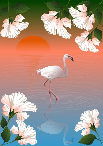 Weißer Flamingo und Blumen — Stockvektor