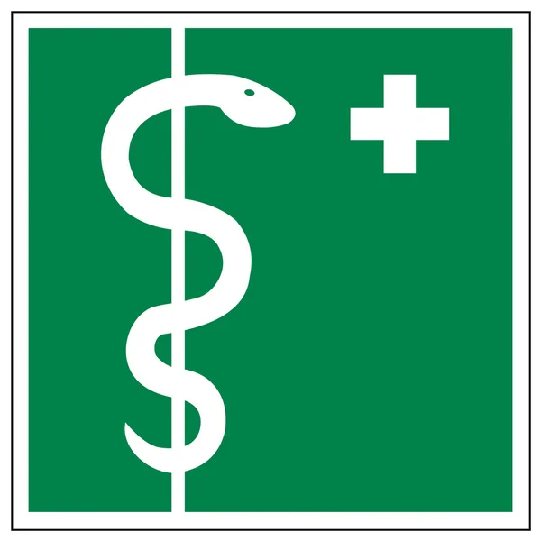 Záchranný známky ikonu exit první pomoci kit kříž had Asklepia tyč — Stockový vektor