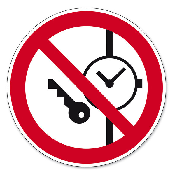 Prohibition signs BGV icon pictogram Carrying metal parts of clocks or prohibited
