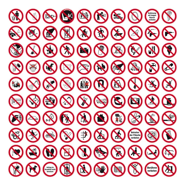 Signos de prohibición BGV icono pictograma conjunto colección collage — Archivo Imágenes Vectoriales