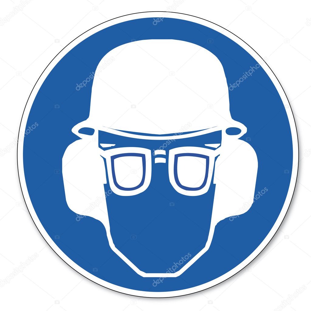 Commanded sign safety sign pictogram occupational safety sign Ear, eye and head protection must be worn