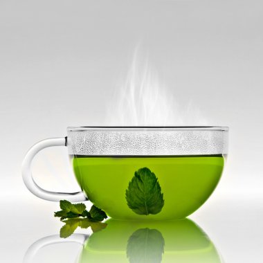 Tee Glas Cup with mint leaf an steam clipart