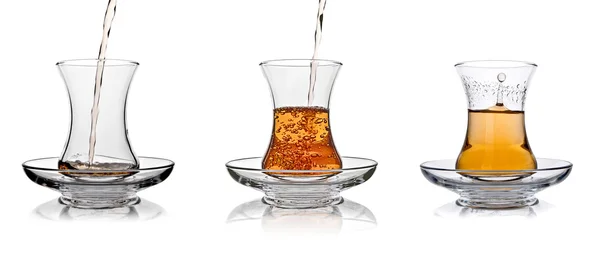 Turkish tea glass set collage on white background — Stock Photo, Image