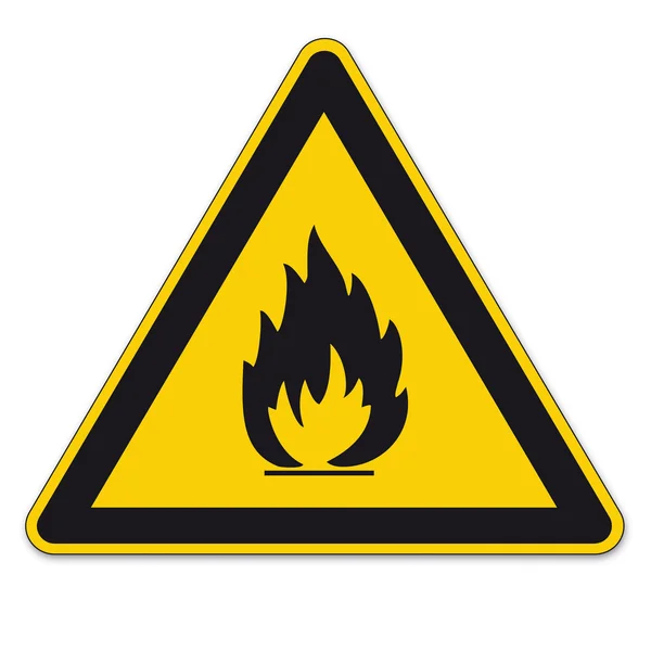 Señales de seguridad advertencia BGV A8 triángulo signo vector pictograma icono llama inflamable — Archivo Imágenes Vectoriales