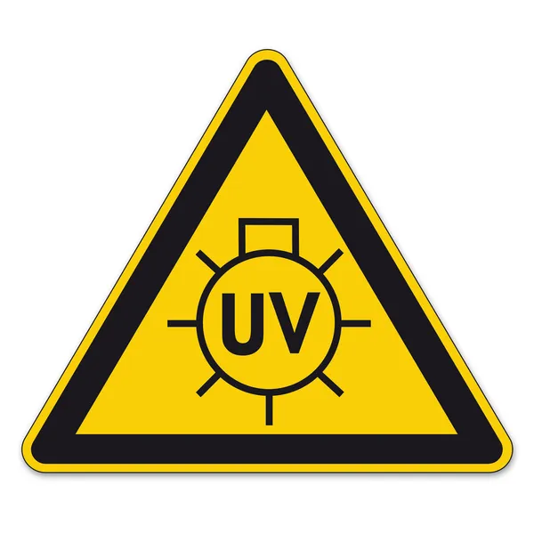 Sinais de segurança aviso triângulo sinal BGV vetor pictograma ícone lâmpada solar UV — Vetor de Stock
