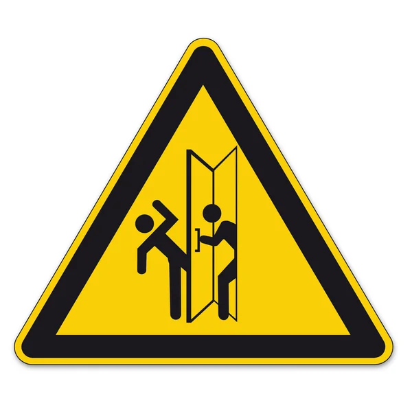 Bezpečnostní značky varovným signálem trojúhelník vektorové piktogram ikona doprovodný zpěv dveře swing provoz — Stockový vektor