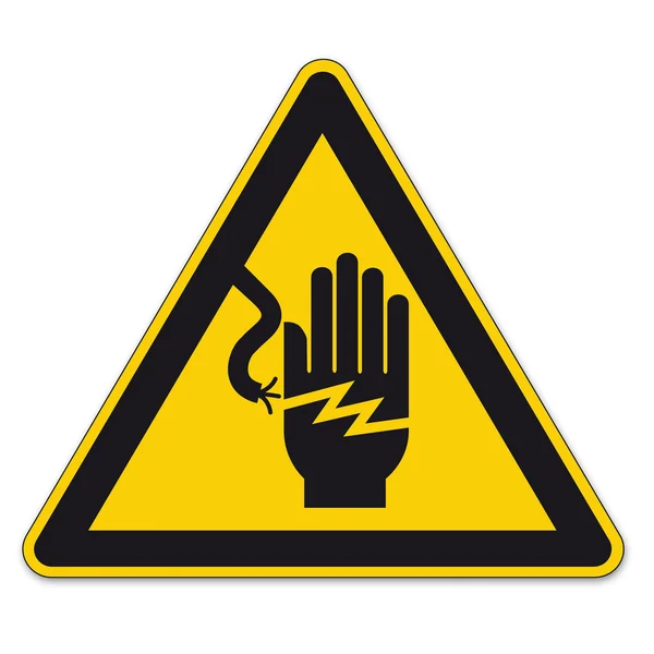 Sinais de segurança aviso triângulo sinal vetor pictograma BGV Ico elétrico choque mão — Vetor de Stock