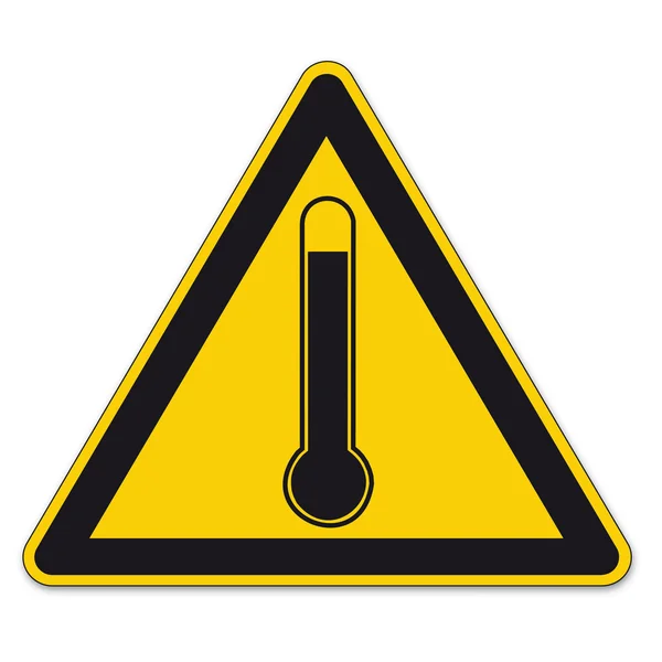 Biztonsági táblák figyelmeztető háromszög jel Bgv magas hőmérséklet hőmérő vektor piktogram ikon — Stock Vector