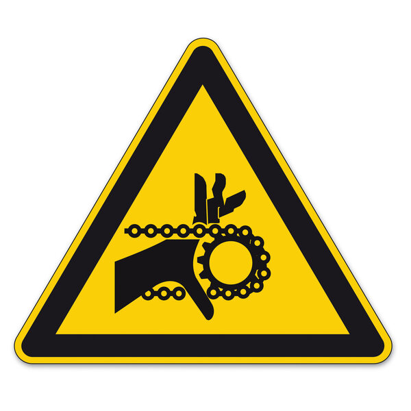 Safety signs warning triangle sign vector pictogram icon hand injury chain drive