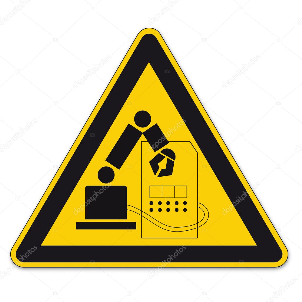 Safety signs warning triangle sign vector pictogram icon BGV industrial robot grasping space