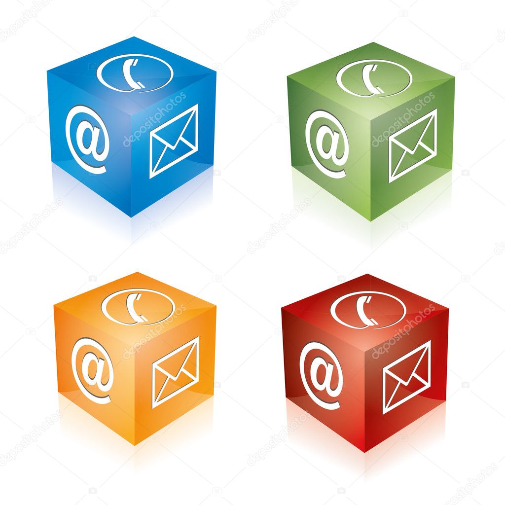 Contact cube phone at email e-mail hotline kontaktfomular callcenter call pictogram sign symbol cube set