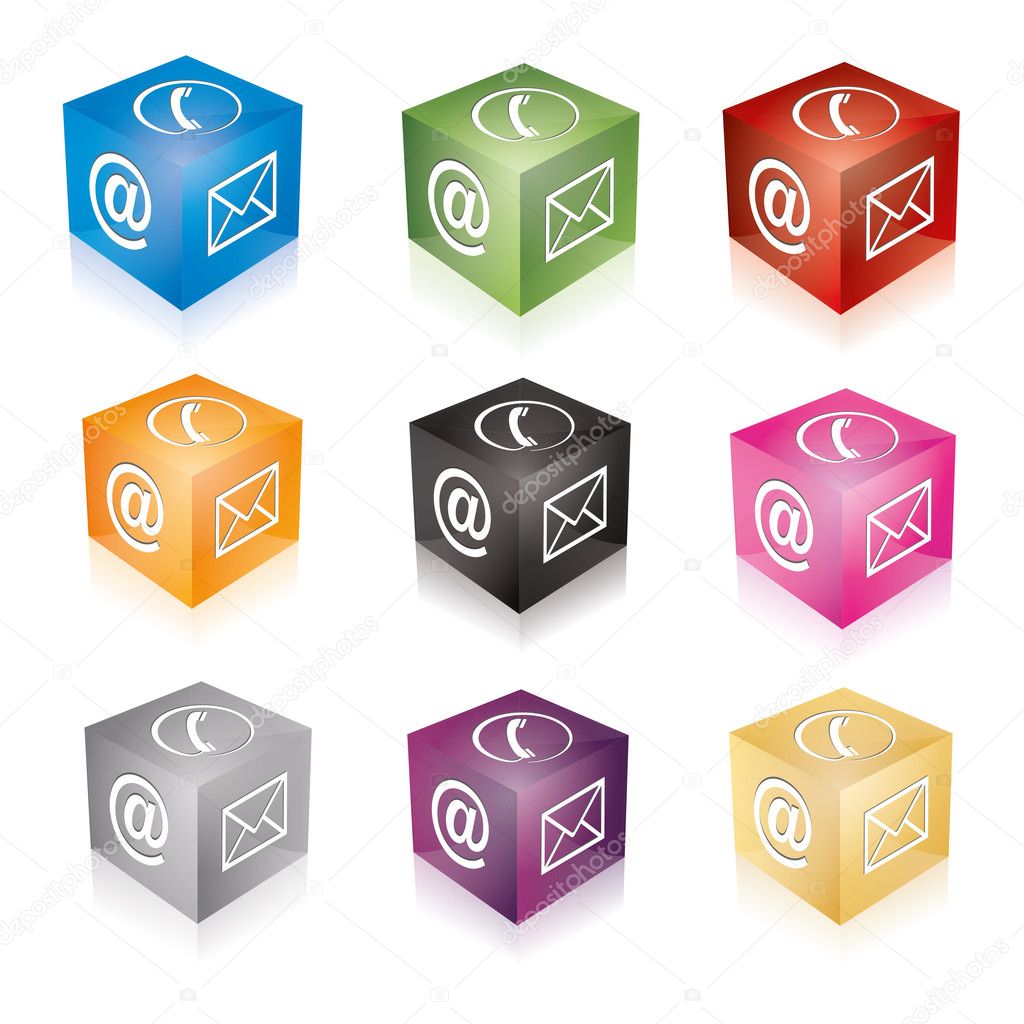 Contact cube phone at email e-mail hotline kontaktfomular callcenter call pictogram sign symbol cube set
