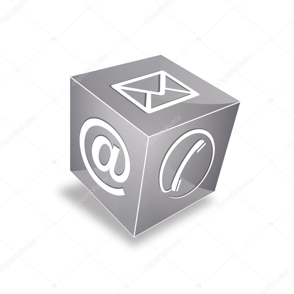 3d Contact cube phone at email on White Background in Adobe Illustrator.
