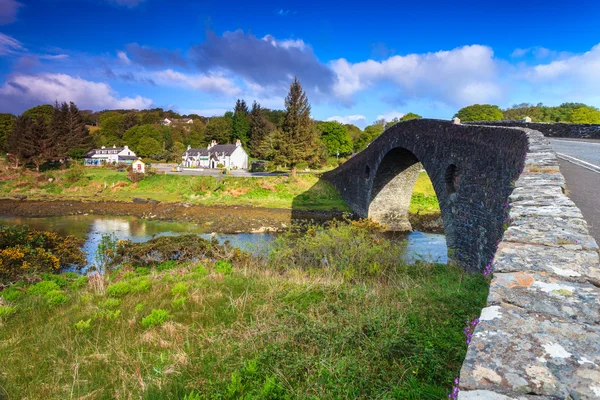 Древний мост в деревне у реки — стоковое фото