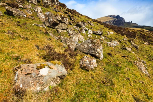 Pedras em prados em uma encosta de montanha — Fotografia de Stock