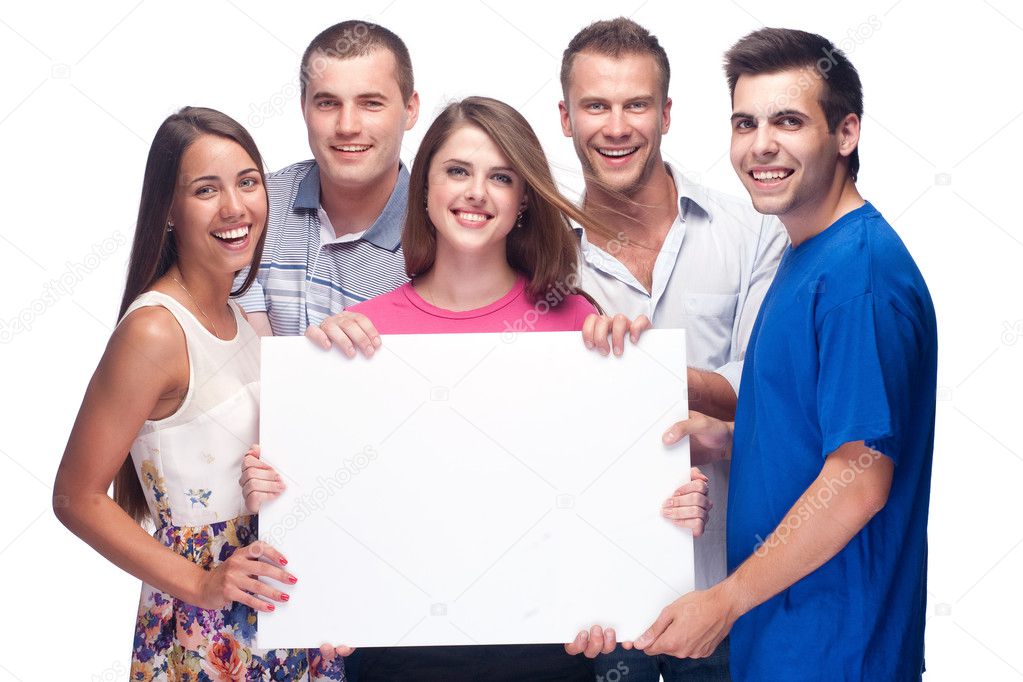 Group of holding a blank billboard