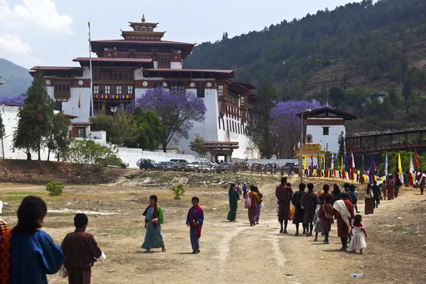 Пунакха-дзонг весной с фиолетовыми деревьями джакаранды (Бутан) ) — стоковое фото