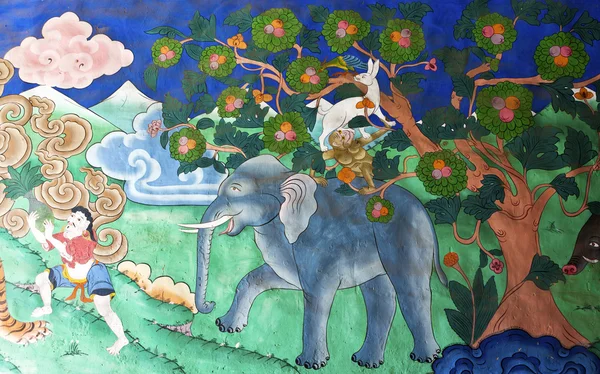 Mural pintado a mano del cuento de Bhuddist en Mongar Dzong - Bután —  Fotos de Stock