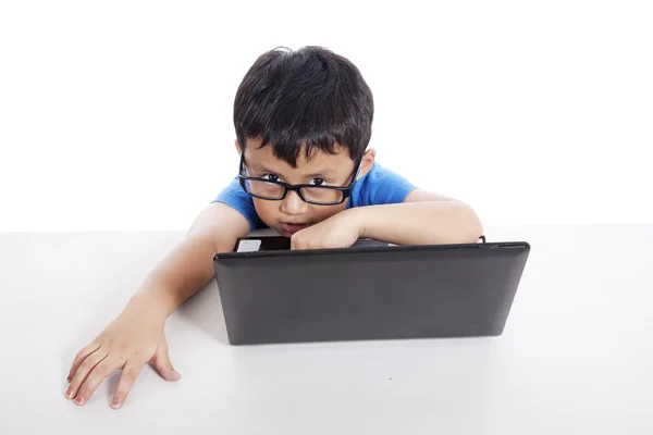 Little student with laptop — Stock Photo, Image