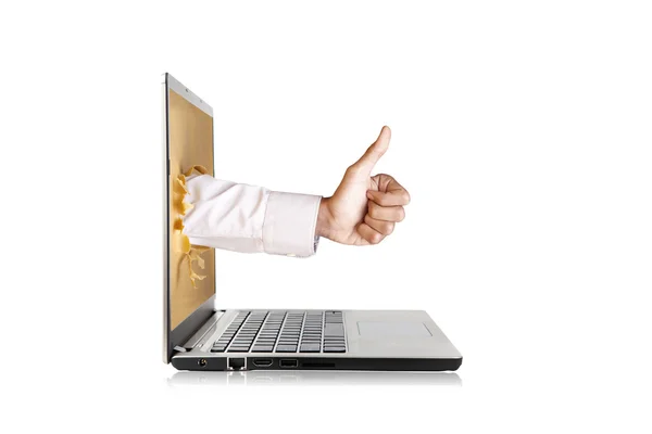 Thumbs-up laptopcomputer uit — Stockfoto