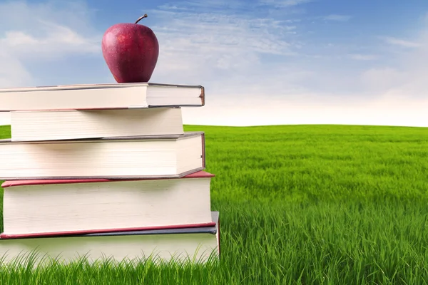 Livros com maçã ao ar livre — Fotografia de Stock