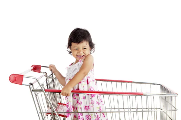 Criança com carrinho de compras — Fotografia de Stock