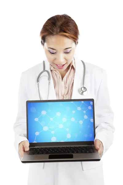 stock image Scientist with chemical molecule on laptop