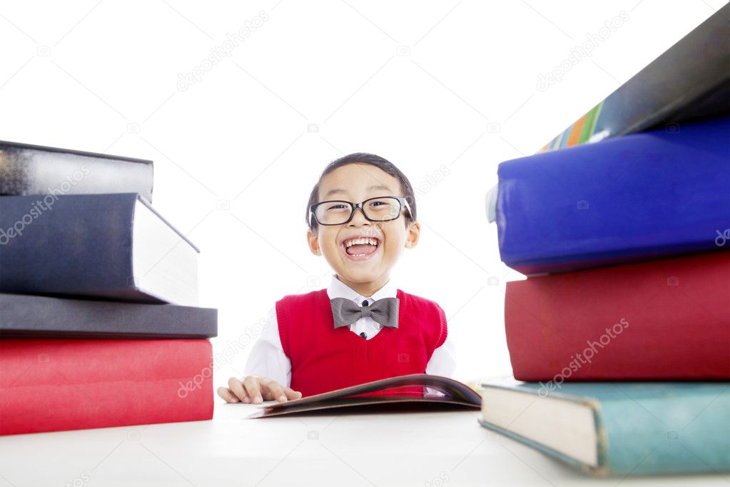 Happy child reading books