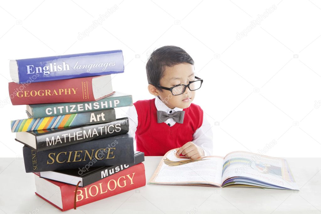 Pupil studying by reading books