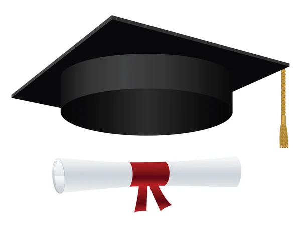 Tapa de graduación con borla dorada y diploma — Vector de stock