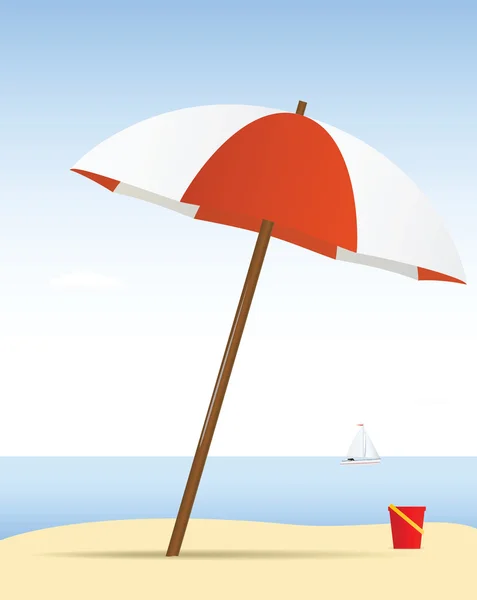 stock vector Summer theme. Umbrella on the beach with yacht