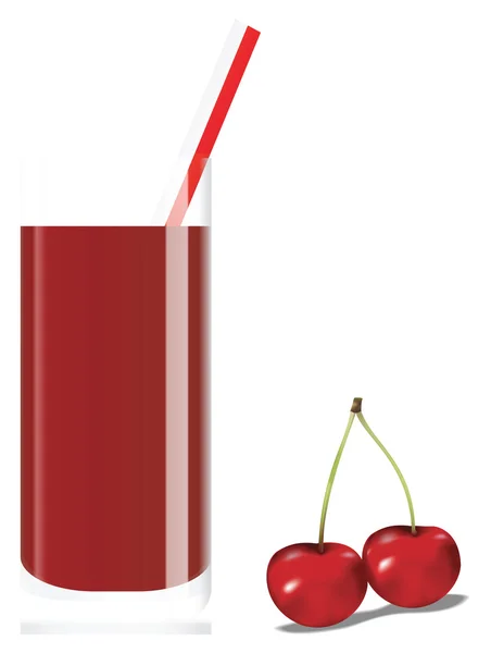 Succo di ciliegia in vetro con due ciliegie — Vettoriale Stock
