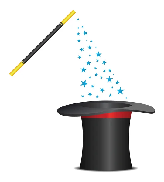 Magic hat and wand with sparkles. Vector illustration — Stock Vector