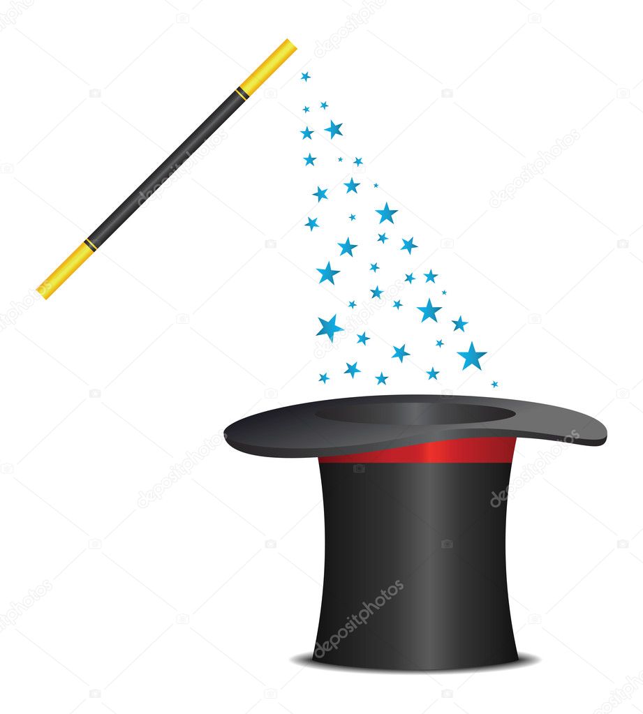 Magic hat and wand with sparkles. Vector illustration