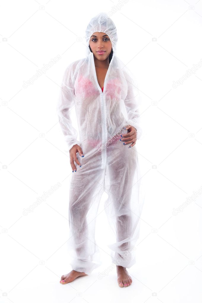 Sexy black woman in white protective suit