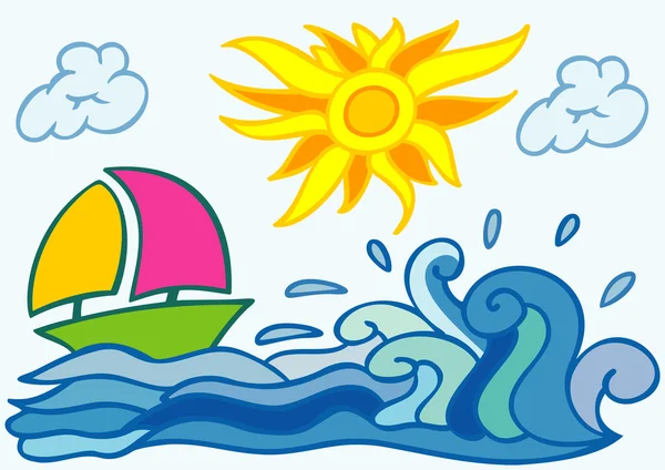 Καλοκαίρι φόντο με ήλιο βάρκα στη θάλασσα και τα σύννεφα — Διανυσματικό Αρχείο