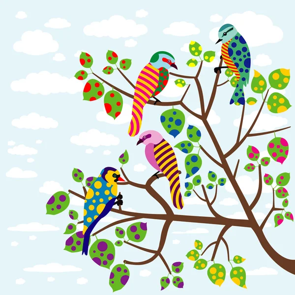 Uccelli astratti sull'albero — Vettoriale Stock