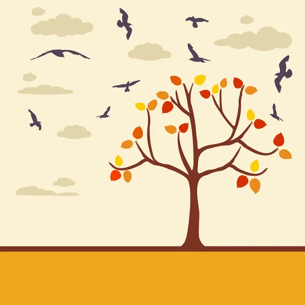Φθινόπωρο φόντο με φύλλα δέντρων και πουλιά — Διανυσματικό Αρχείο
