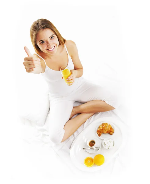Breakfast in bed woman — Stock Photo, Image