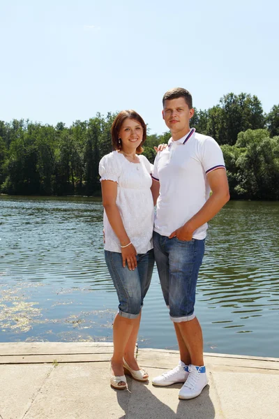 Jeune couple marié contre un paysage d'été Photos De Stock Libres De Droits