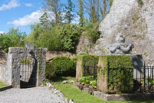 Jardín ornamental cerca de las ruinas de un antiguo castillo — Foto de Stock