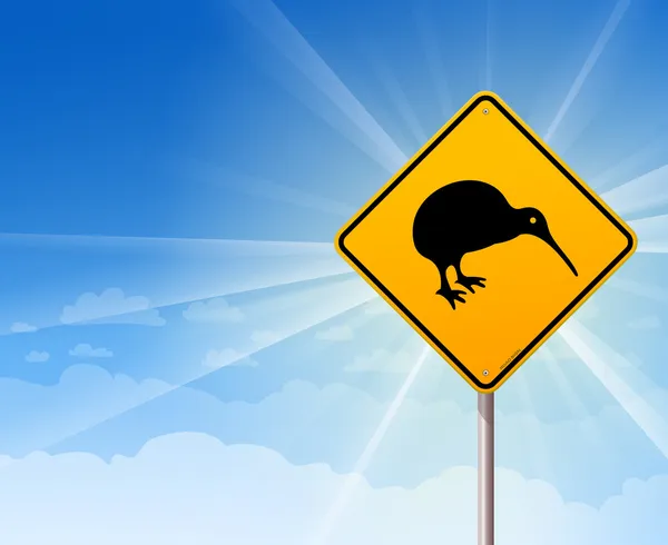 Kiwi Vogel gelbes Schild auf blau — Stockvektor
