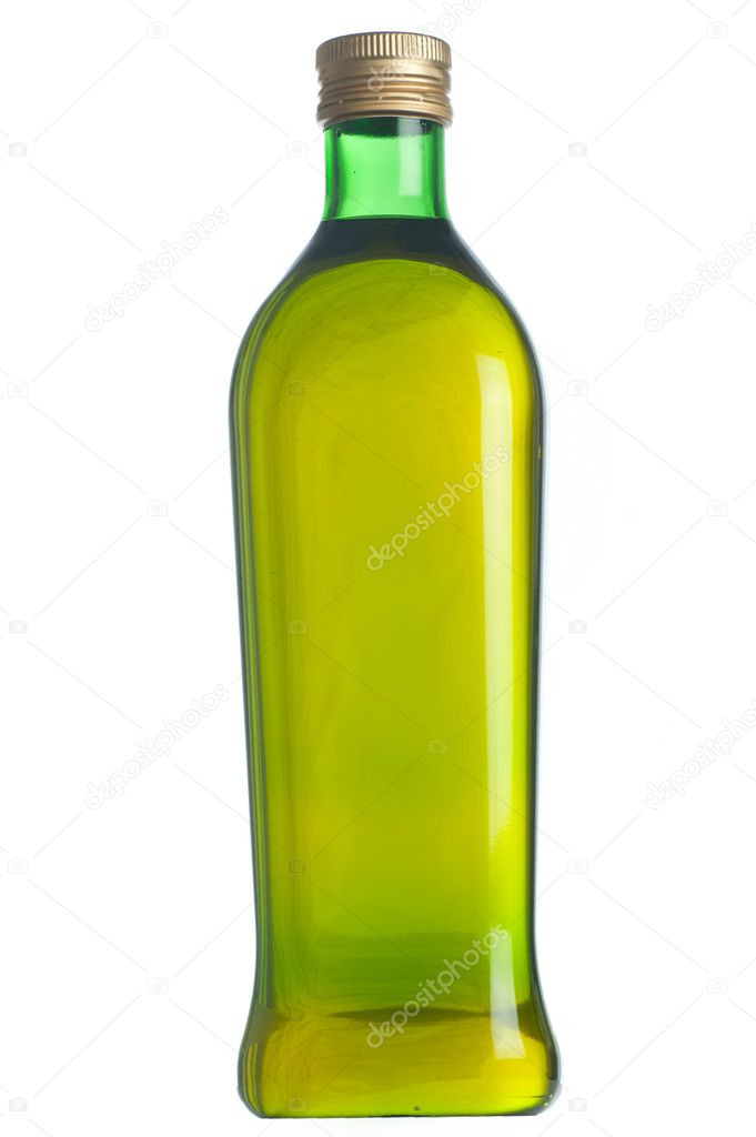 Close up of a olive oil bottle isolated on white.