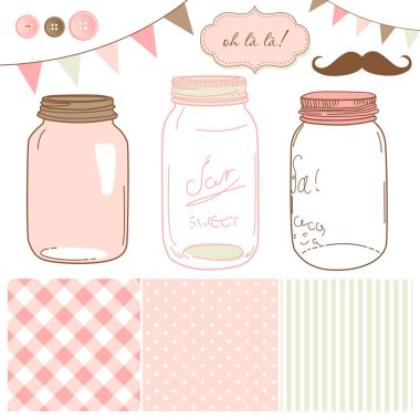 Glass Jars, frames and cute seamless backgrounds. clipart