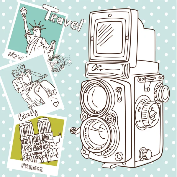 Travel with your vintage camera. — Stock Vector