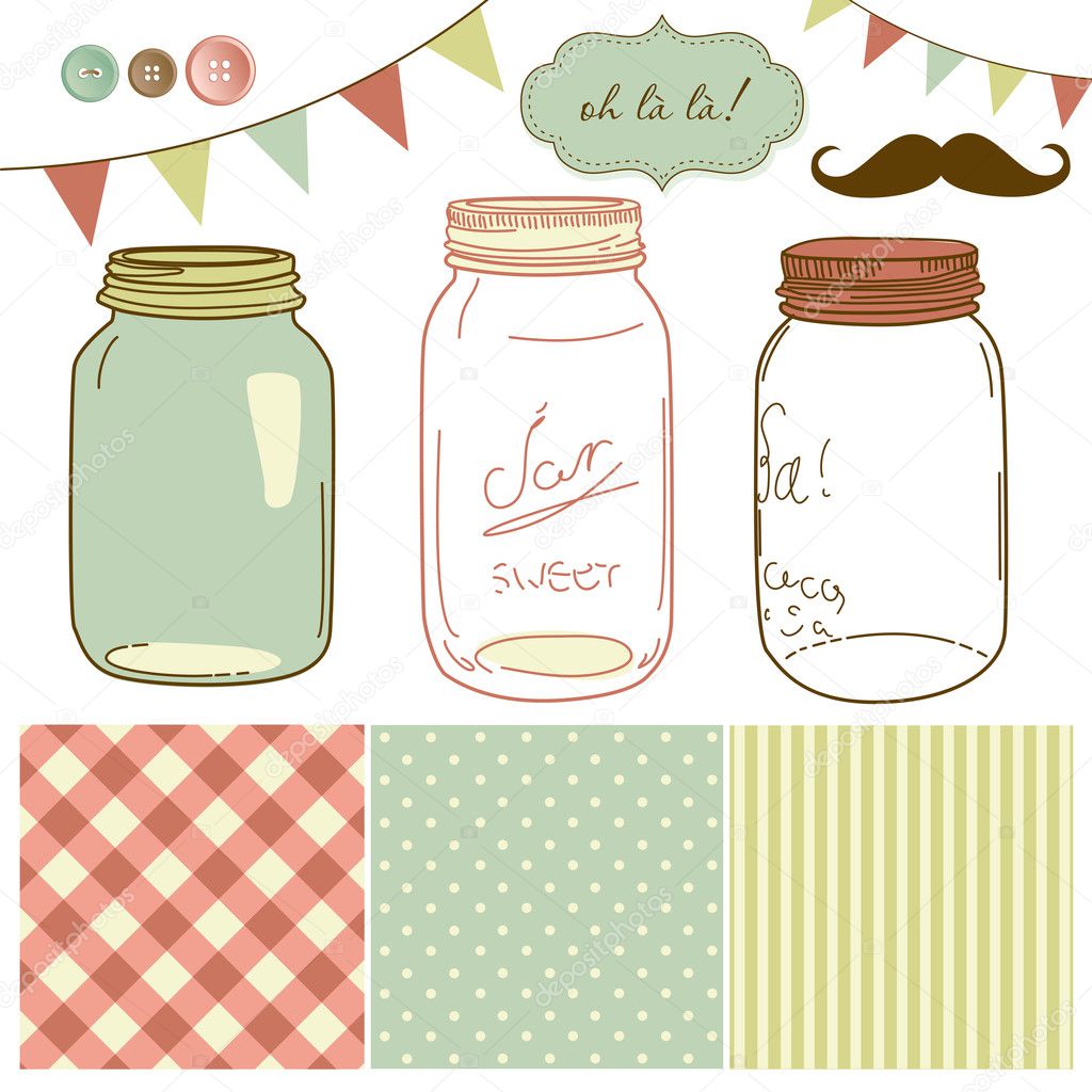 Glass Jars, frames and cute seamless backgrounds. Stock Vector by