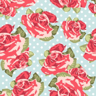 Beautiful Seamless rose pattern with blue polka dot background, vector illustration clipart