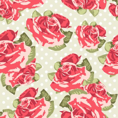 Beautiful Seamless rose pattern with blue polka dot background, vector illustration clipart